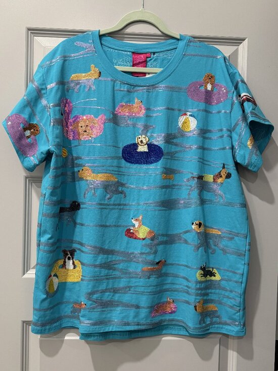 QUEEN OF SPARKLES Tops - QUEEN OF SPARKLES - SEQUIN ALL OVER SWIMMING DOG TEE , SIZE XL
